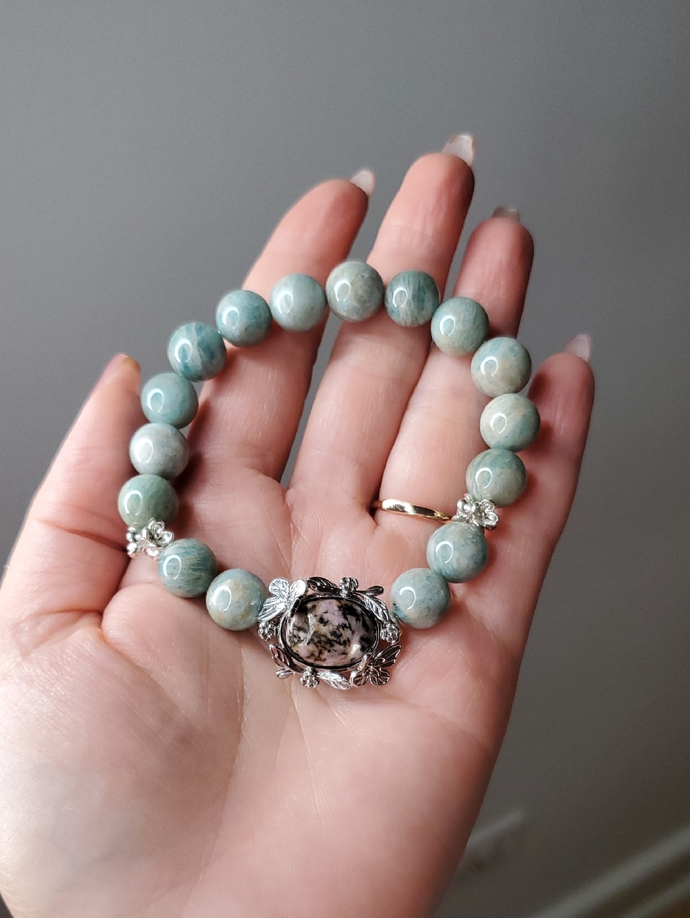 Seafoam Green Beaded Bracelet with Silver Floral Accent
